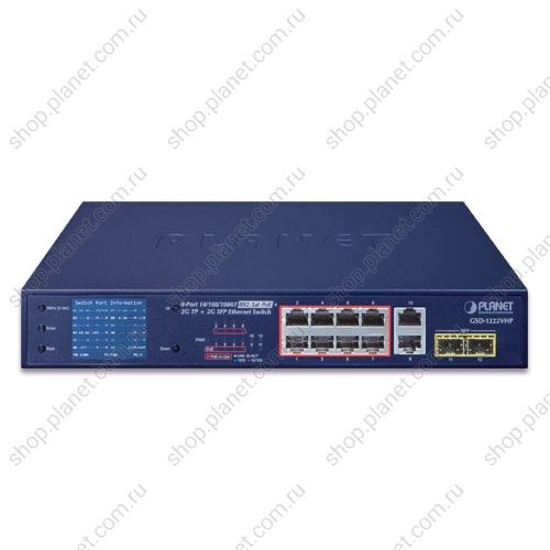 Коммутатор неуправляемый РоЕ 8 портов RJ45 10/100/1000 Мб/с, 2 порта RJ45 10/100/1000 Мб/с, 2 порта SFP 1000 Мб/с, с ЖК дисплеем фото 2 Коммутатор неуправляемый РоЕ 8 портов RJ45 10/100/1000 Мб/с, 2 порта RJ45 10/100/1000 Мб/с, 2 порта SFP 1000 Мб/с, с ЖК дисплеем GSD-1222VHP фото 2