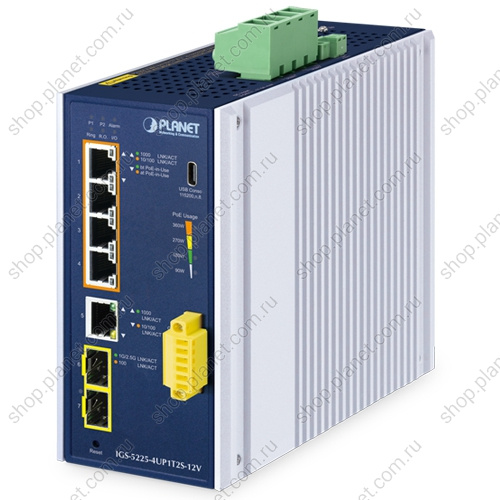 Коммутатор промышленный управляемый L2+/L4, PoE++ 4 порта RJ45 10/100/1000 Мб/с, 1 порт RJ45 10/100/1000 Мб/с, 2 порта SFP 100/1000/2.5G, питание 12 В, крепление на DIN-рейку или на стену Коммутатор промышленный управляемый L2+/L4, PoE++ 4 порта RJ45 10/100/1000 Мб/с, 1 порт RJ45 10/100/1000 Мб/с, 2 порта SFP 100/1000/2.5G, питание 12 В, крепление на DIN-рейку или на стену IGS-5225-4UP1T2S-12V