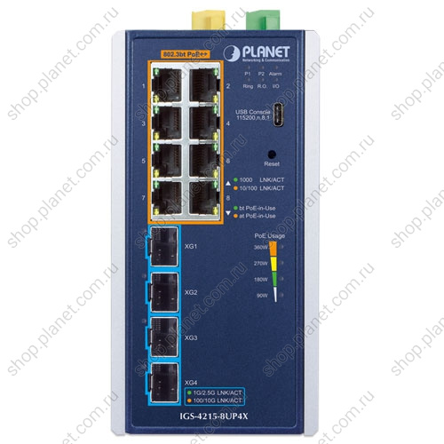 Коммутатор промышленный управляемый L2/L4, PoE++ 8 портов RJ45 10/100/1000 Мб/с, 4 порта SFP+ 10G, на DIN-рейку или стену фото 2 Коммутатор промышленный управляемый L2/L4, PoE++ 8 портов RJ45 10/100/1000 Мб/с, 4 порта SFP+ 10G, на DIN-рейку или стену IGS-4215-8UP4X фото 2