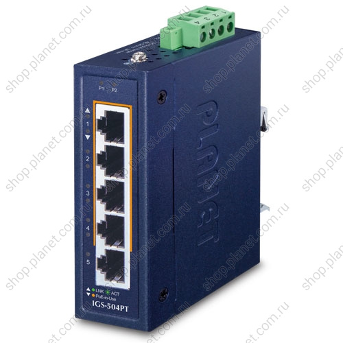 Коммутатор промышленный PoE+ 4 порта RJ45 10/100/1000 Мб/с, 1 порт RJ45 10/100/1000 Мб/с, на DIN-рейку Коммутатор промышленный PoE+ 4 порта RJ45 10/100/1000 Мб/с, 1 порт RJ45 10/100/1000 Мб/с, на DIN-рейку IGS-504PT