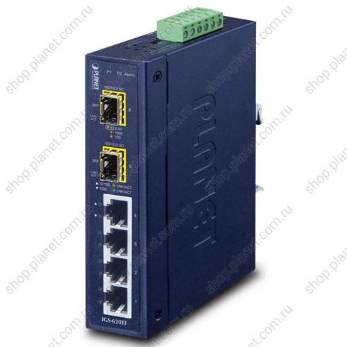 Коммутатор промышленный 4 порта RJ45 10/100/1000 Мб/с, 2 порта SFP 100/1000/2.5G Коммутатор промышленный 4 порта RJ45 10/100/1000 Мб/с, 2 порта SFP 100/1000/2.5G IGS-620TF