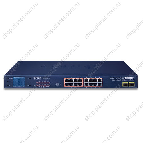 Коммутатор неуправляемый PoE 16 портов RJ45 10/100/1000 Мб/с, 2 порта SFP 1000 Мб/с, с LCD дисплеем фото 2 Коммутатор неуправляемый PoE 16 портов RJ45 10/100/1000 Мб/с, 2 порта SFP 1000 Мб/с, с LCD дисплеем GSW-1820VHP фото 2