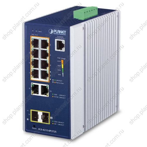 Коммутатор промышленный управляемый L2, PoE+ 8 портов RJ45 10/100/1000 Мб/с, 2 порта RJ45 10/100/1000 Мб/с, 2 порта SFP 100/1000 Мб/с, на DIN-рейку или стену Коммутатор промышленный управляемый L2, PoE+ 8 портов RJ45 10/100/1000 Мб/с, 2 порта RJ45 10/100/1000 Мб/с, 2 порта SFP 100/1000 Мб/с, на DIN-рейку или стену IGS-4215-8P2T2S