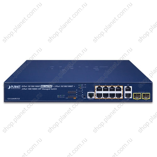 Коммутатор управляемый L2+, РоЕ 8 портов RJ45 10/100/1000 Мб/с, 2 комбо порта RJ-45/SFP 100/1000 Мб/с фото 2 Коммутатор управляемый L2+, РоЕ 8 портов RJ45 10/100/1000 Мб/с, 2 комбо порта RJ-45/SFP 100/1000 Мб/с GS-5220-8P2T2S фото 2