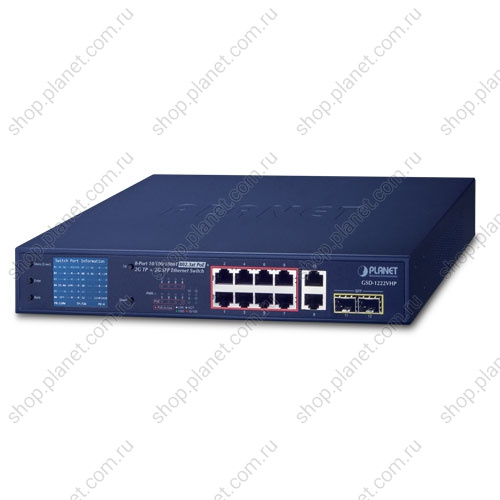 Коммутатор неуправляемый РоЕ 8 портов RJ45 10/100/1000 Мб/с, 2 порта RJ45 10/100/1000 Мб/с, 2 порта SFP 1000 Мб/с, с ЖК дисплеем Коммутатор неуправляемый РоЕ 8 портов RJ45 10/100/1000 Мб/с, 2 порта RJ45 10/100/1000 Мб/с, 2 порта SFP 1000 Мб/с, с ЖК дисплеем GSD-1222VHP