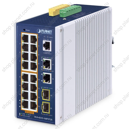 Коммутатор промышленный управляемый L2+/L4, PoE+ 16 портов RJ45 10/100/1000 Мб/с, 2 порта RJ45 10/100/100 Мб/с, 2 порта SFP 100/1000 Мб/с, крепление на DIN-рейку или на стену Коммутатор промышленный управляемый L2+/L4, PoE+ 16 портов RJ45 10/100/1000 Мб/с, 2 порта RJ45 10/100/100 Мб/с, 2 порта SFP 100/1000 Мб/с, крепление на DIN-рейку или на стену IGS-4215-16P2T2S