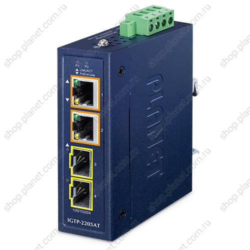 Медиаконвертер промышленный PoE+ с 2 SFP портами 100/1000 Мб/с, 2 RJ45 10/100/1000 Мб/с Медиаконвертер промышленный PoE+ с 2 SFP портами 100/1000 Мб/с, 2 RJ45 10/100/1000 Мб/с IGTP-2205AT