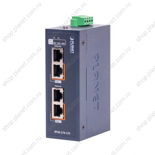 Инжектор питания PoE++ промышленный, 2 порта RJ45 10/100/1000/2.5G/5G Инжектор питания PoE++ промышленный, 2 порта RJ45 10/100/1000/2.5G/5G IPOE-270-12V