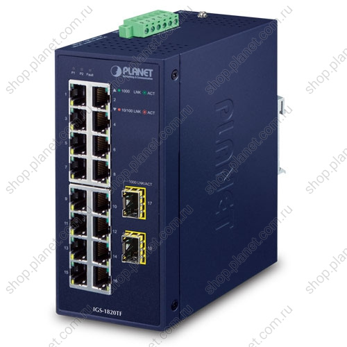 Коммутатор промышленный 16 портов RJ45 10/100/1000 Мб/с, 2 порта SFP 1000 Мб/с Коммутатор промышленный 16 портов RJ45 10/100/1000 Мб/с, 2 порта SFP 1000 Мб/с IGS-1820TF