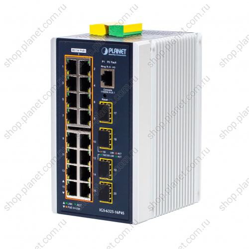 Коммутатор промышленный управляемый L3, PoE+ 16 портов RJ45 10/100/1000 Мб/с, 4 порта SFP 100/1000/2.5G, крепление на DIN-рейку или на стену Коммутатор промышленный управляемый L3, PoE+ 16 портов RJ45 10/100/1000 Мб/с, 4 порта SFP 100/1000/2.5G, крепление на DIN-рейку или на стену IGS-6325-16P4S