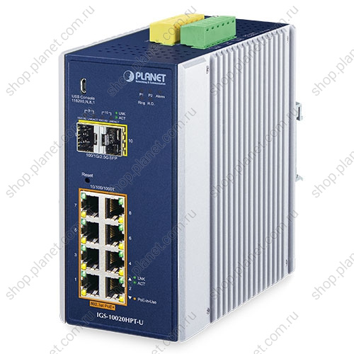 Коммутатор промышленный управляемый L2+/L4, PoE+ 8 портов RJ45 10/100/1000, 2 порта SFP 1000/2.5G, крепление на DIN-рейку или стену Коммутатор промышленный управляемый L2+/L4, PoE+ 8 портов RJ45 10/100/1000, 2 порта SFP 1000/2.5G, крепление на DIN-рейку или стену IGS-10020HPT-U