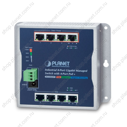Коммутатор промышленный управляемый L2+, PoE+ RJ45 10/100/1000 Мб/с, 4 порта RJ45 10/100/1000 Мб/с, настенный Коммутатор промышленный управляемый L2+, PoE+ RJ45 10/100/1000 Мб/с, 4 порта RJ45 10/100/1000 Мб/с, настенный WGS-804HPT