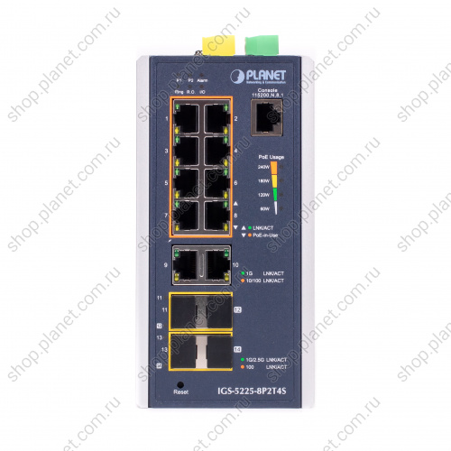 Коммутатор промышленный управляемый L2+, PoE+ 8 портов RJ45 10/100/1000 Мб/с, 2 порта RJ45 10/100/1000 Мб/с, 2 порта SFP 100/1000 Мб/с, 2 порта SFP 10/1000/2.5G, крепление на DIN-рейку или стену IGS-5225-8P2T4S фото 2