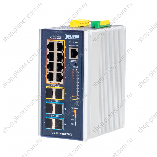 Коммутатор промышленный управляемый L3, PoE++ 8 портов RJ45 10/100/1000 Мб/с, 2 порта SFP 2.5G, 4 порта SFP+ 10G, крепление на DIN-рейку или на стену Коммутатор промышленный управляемый L3, PoE++ 8 портов RJ45 10/100/1000 Мб/с, 2 порта SFP 2.5G, 4 порта SFP+ 10G, крепление на DIN-рейку или на стену IGS-6329-8UP2S4X