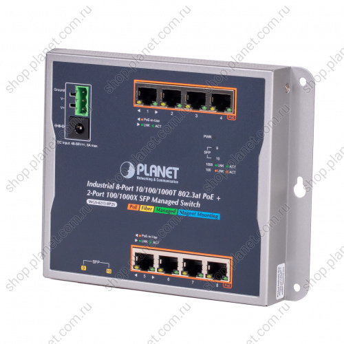 Коммутатор промышленный управляемый L2, PoE+ 8 10/100/1000 Мб/с, 2 порта SFP 100/1000 Мб/с, настенный Коммутатор промышленный управляемый L2, PoE+ 8 10/100/1000 Мб/с, 2 порта SFP 100/1000 Мб/с, настенный WGS-4215-8P2S