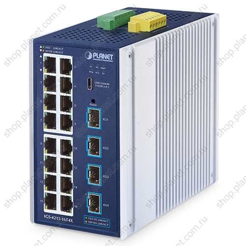 Коммутатор промышленный управляемый L2+, 16 портов RJ45 10/100/1000 Мб/с, 4 порта SFP+ 10G Коммутатор промышленный управляемый L2+, 16 портов RJ45 10/100/1000 Мб/с, 4 порта SFP+ 10G IGS-4215-16T4X