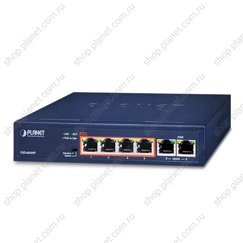 Коммутатор неуправляемый РоЕ 4 порта RJ45 100 Мбит/с, 2 порта RJ45 100 Мбит/с Коммутатор неуправляемый РоЕ 4 порта RJ45 100 Мбит/с, 2 порта RJ45 100 Мбит/с FSD-604HP