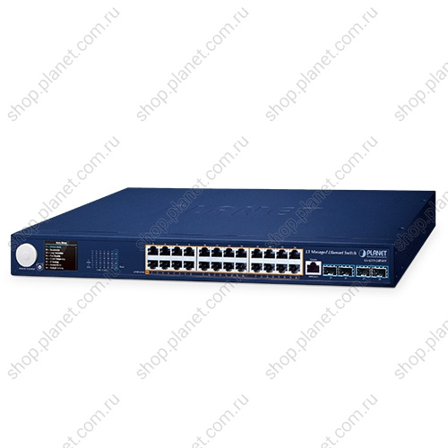 Коммутатор управляемый L3, PoE 24 порта RJ45 10/100/1000 Мб/с, 4 порта SFP+ 10G, с ЖК дисплеем Коммутатор управляемый L3, PoE 24 порта RJ45 10/100/1000 Мб/с, 4 порта SFP+ 10G, с ЖК дисплеем GS-6311-24P4XV