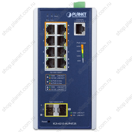 Коммутатор промышленный управляемый L2/L4, PoE+ 4 порта RJ45 10/100/1000 Мб/с, 4 порта RJ45 10/100/1000 Мб/с, 2 порта SFP 100/1000 Мб/с, на DIN-рейку или стену фото 2 Коммутатор промышленный управляемый L2/L4, PoE+ 4 порта RJ45 10/100/1000 Мб/с, 4 порта RJ45 10/100/1000 Мб/с, 2 порта SFP 100/1000 Мб/с, на DIN-рейку или стену IGS-4215-4P4T2S фото 2