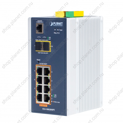Коммутатор промышленный управляемый L2+, PoE 8 портов 10/100/1000 Мб/с, 2 порта SFP 100/1000/2.5G, крепление на DIN-рейку или на стену Коммутатор промышленный управляемый L2+, PoE 8 портов 10/100/1000 Мб/с, 2 порта SFP 100/1000/2.5G, крепление на DIN-рейку или на стену IGS-10020HPT