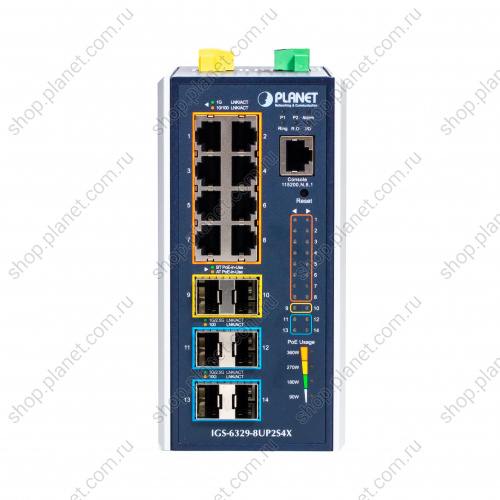 Коммутатор промышленный управляемый L3, PoE++ 8 портов RJ45 10/100/1000 Мб/с, 2 порта SFP 2.5G, 4 порта SFP+ 10G, крепление на DIN-рейку или на стену фото 2 Коммутатор промышленный управляемый L3, PoE++ 8 портов RJ45 10/100/1000 Мб/с, 2 порта SFP 2.5G, 4 порта SFP+ 10G, крепление на DIN-рейку или на стену IGS-6329-8UP2S4X фото 2