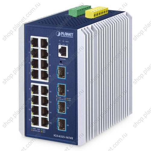Коммутатор промышленный управляемый L3, 16 портов RJ45 10/100/1000 Мб/с, 4 порта SFP+ 10G Коммутатор промышленный управляемый L3, 16 портов RJ45 10/100/1000 Мб/с, 4 порта SFP+ 10G IGS-6325-16T4X