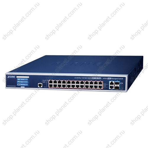Коммутатор управляемый L3, PoE + 24 порта RJ45 10/100/1000 Мб/с, 2 порта RJ45 10G, 2 порта SFP+ 10G, с LCD дисплеем Коммутатор управляемый L3, PoE + 24 порта RJ45 10/100/1000 Мб/с, 2 порта RJ45 10G, 2 порта SFP+ 10G, с LCD дисплеем GS-6320-24UP2T2XV