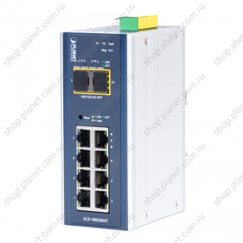 Коммутатор промышленный управляемый L2+, 8 портов RJ45 10/100/1000 Мб/с, 2 порта SFP 100/1000/2.5G IGS-10020MT