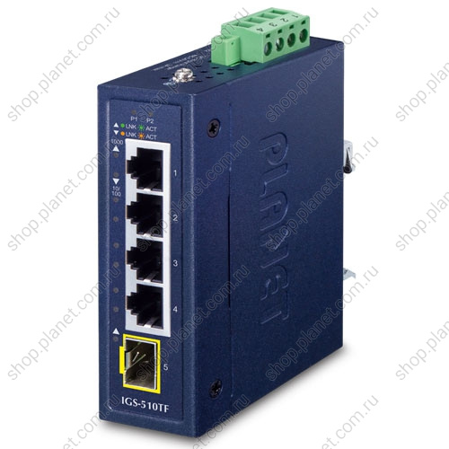 Коммутатор промышленный 4 порта RJ45 10/100/1000 Мб/с, 1 порт SFP 100/1000 Мб/с, компактный Коммутатор промышленный 4 порта RJ45 10/100/1000 Мб/с, 1 порт SFP 100/1000 Мб/с, компактный IGS-510TF