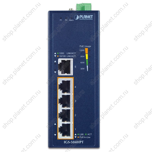 Коммутатор промышленный PoE+ 4 порта RJ45 10/100/1000 Мб/с, 1 порт RJ45 10/100/1000 Мб/с, на DIN-рейку фото 2 Коммутатор промышленный PoE+ 4 порта RJ45 10/100/1000 Мб/с, 1 порт RJ45 10/100/1000 Мб/с, на DIN-рейку IGS-504HPT фото 2