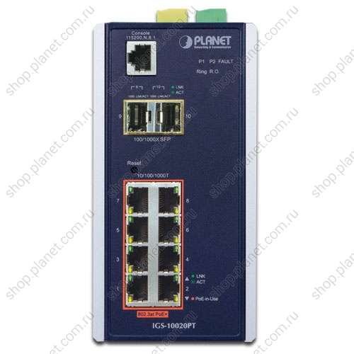 Коммутатор промышленный управляемый L2+, PoE+ 8 портов RJ45 10/100/1000 Мб/с, 2 порта SFP 1000/2.G, крепление на DIN-рейку фото 2 Коммутатор промышленный управляемый L2+, PoE+ 8 портов RJ45 10/100/1000 Мб/с, 2 порта SFP 1000/2.G, крепление на DIN-рейку IGS-10020PT фото 2