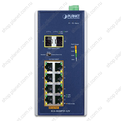 Коммутатор промышленный PoE+ 8 портов RJ45 10/100/1000 Мб/с, 2 порта SFP 100/1000 Мб/с, питание 12 В, на DIN-рейку фото 2 Коммутатор промышленный PoE+ 8 портов RJ45 10/100/1000 Мб/с, 2 порта SFP 100/1000 Мб/с, питание 12 В, на DIN-рейку IGS-1020PTF-12V фото 2