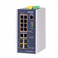 Коммутатор промышленный управляемый L2+, PoE+ 8 портов RJ45 10/100/1000 Мб/с, 2 порта RJ45 10/100/1000 Мб/с, 2 порта SFP 100/1000 Мб/с, 2 порта SFP 10/1000/2.5G, крепление на DIN-рейку или стену