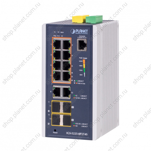 Коммутатор промышленный управляемый L2+, PoE+ 8 портов RJ45 10/100/1000 Мб/с, 2 порта RJ45 10/100/1000 Мб/с, 2 порта SFP 100/1000 Мб/с, 2 порта SFP 10/1000/2.5G, крепление на DIN-рейку или стену IGS-5225-8P2T4S