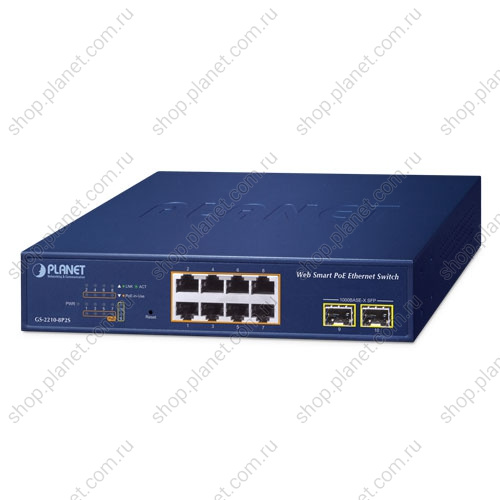 Коммутатор управляемый Web Smart, PoE 8 портов RJ45 10/100/1000 Мб/с, 2 слота SFP 1000 Мб/с Коммутатор управляемый Web Smart, PoE 8 портов RJ45 10/100/1000 Мб/с, 2 слота SFP 1000 Мб/с GS-2210-8P2S