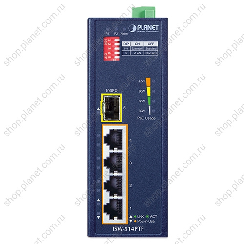 Коммутатор промышленный PoE+ 4 порта 10/100 Мб/с, 1 порт SFP 100 Мб/с, на DIN-рейку фото 2 Коммутатор промышленный PoE+ 4 порта 10/100 Мб/с, 1 порт SFP 100 Мб/с, на DIN-рейку ISW-514PTF фото 2