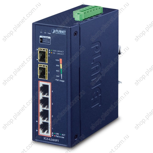 Коммутатор промышленный PoE+ 4 порта RJ45 10/100/1000 Мб/с, 2 порта SFP 100/1000/2.5G, на DIN-рейку Коммутатор промышленный PoE+ 4 порта RJ45 10/100/1000 Мб/с, 2 порта SFP 100/1000/2.5G, на DIN-рейку IGS-624HPT