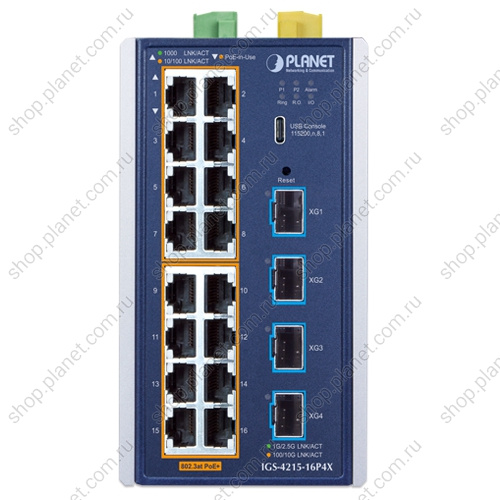 Коммутатор промышленный PoE управляемый L2+, 16 портов RJ45 10/100/1000 Мб/с, 4 порта SFP+ 10G, настеный, DIN-рейку фото 2 Коммутатор промышленный PoE управляемый L2+, 16 портов RJ45 10/100/1000 Мб/с, 4 порта SFP+ 10G, настеный, DIN-рейку IGS-4215-16P4X фото 2