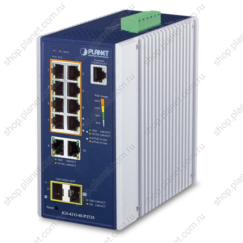 Коммутатор промышленный управляемый L2+, PoE++ RJ45 10/100/1000 Мб/с, 2 порта RJ45 10/100/1000 Мб/с, 2 порта SFP 100/1000 Мб/с, на DIN-рейку или стену Коммутатор промышленный управляемый L2+, PoE++ RJ45 10/100/1000 Мб/с, 2 порта RJ45 10/100/1000 Мб/с, 2 порта SFP 100/1000 Мб/с, на DIN-рейку или стену IGS-4215-8UP2T2S