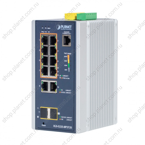 Коммутатор промышленный управляемый L2+, PoE+ 8 портов RJ45 10/100/1000 Мб/с, 2 порта RJ45 10/100/1000 Мб/с, 2 порта SFP 1000/2.5G, крепление на DIN-рейку или стену Коммутатор промышленный управляемый L2+, PoE+ 8 портов RJ45 10/100/1000 Мб/с, 2 порта RJ45 10/100/1000 Мб/с, 2 порта SFP 1000/2.5G, крепление на DIN-рейку или стену IGS-5225-8P2T2S