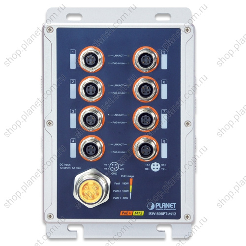 Коммутатор промышленный транспортный PoE+ 8 портов M12 10/100 Мб/с, IP67, на DIN-рейку или на стену фото 2 Коммутатор промышленный транспортный PoE+ 8 портов M12 10/100 Мб/с, IP67, на DIN-рейку или на стену ISW-808PT-M12 фото 2