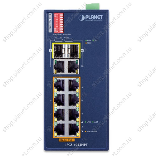 Коммутатор промышленный Extend PoE+ 8 портов RJ45 10/100 Мб/с, 2 комбо порта RJ45/SFP 1000 Мб/с, на DIN-рейку фото 2 Коммутатор промышленный Extend PoE+ 8 портов RJ45 10/100 Мб/с, 2 комбо порта RJ45/SFP 1000 Мб/с, на DIN-рейку IFGS-1022HPT фото 2