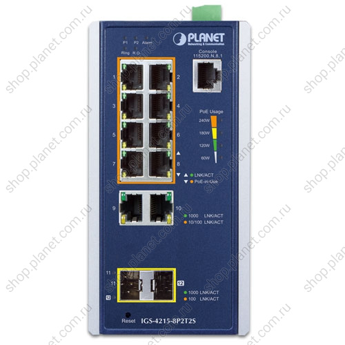 Коммутатор промышленный управляемый L2, PoE+ 8 портов RJ45 10/100/1000 Мб/с, 2 порта RJ45 10/100/1000 Мб/с, 2 порта SFP 100/1000 Мб/с, на DIN-рейку или стену фото 2 Коммутатор промышленный управляемый L2, PoE+ 8 портов RJ45 10/100/1000 Мб/с, 2 порта RJ45 10/100/1000 Мб/с, 2 порта SFP 100/1000 Мб/с, на DIN-рейку или стену IGS-4215-8P2T2S фото 2