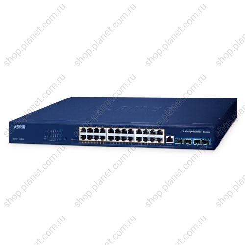 Коммутатор управляемый L3, PoE 24 порта RJ45 10/100/1000 Мб/с, 4 слота SFP+ 10G Коммутатор управляемый L3, PoE 24 порта RJ45 10/100/1000 Мб/с, 4 слота SFP+ 10G GS-6311-24HP4X