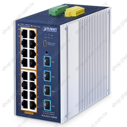 Коммутатор промышленный PoE управляемый L2+, 16 портов RJ45 10/100/1000 Мб/с, 4 порта SFP+ 10G, настеный, DIN-рейку Коммутатор промышленный PoE управляемый L2+, 16 портов RJ45 10/100/1000 Мб/с, 4 порта SFP+ 10G, настеный, DIN-рейку IGS-4215-16P4X