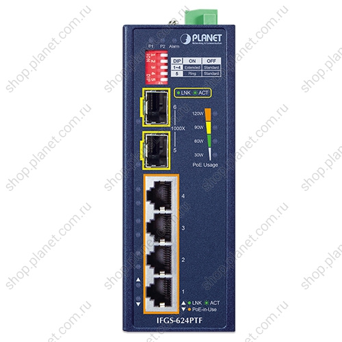 Коммутатор промышленный PoE+ 4 порта RJ45 10/100 Мб/с, 2 порта SFP 1000 Мб/с, на DIN-рейку фото 2 Коммутатор промышленный PoE+ 4 порта RJ45 10/100 Мб/с, 2 порта SFP 1000 Мб/с, на DIN-рейку IFGS-624PTF фото 2