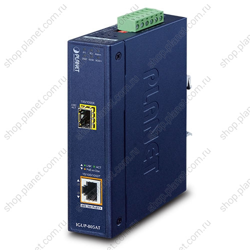 Медиаконвертер промышленный PoE++ с SFP портом 100/1000 Мб/с, RJ45 10/100/1000 Мб/с Медиаконвертер промышленный PoE++ с SFP портом 100/1000 Мб/с, RJ45 10/100/1000 Мб/с IGUP-805AT