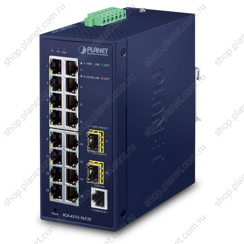 Коммутатор промышленный управляемый L2, 16 портов RJ45 10/100/1000 Мб/с, 2 порта SFP 100/1000 Мб/с Коммутатор промышленный управляемый L2, 16 портов RJ45 10/100/1000 Мб/с, 2 порта SFP 100/1000 Мб/с IGS-4215-16T2S