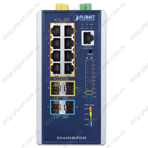 Коммутатор промышленный управляемый L3, PoE++ 8 портов RJ45 10/100/1000 Мб/с, 2 порта SFP 1000/2.5G, 2 порта SFP+ 10G, крепление на DIN-рейку или на стену фото 2 Коммутатор промышленный управляемый L3, PoE++ 8 портов RJ45 10/100/1000 Мб/с, 2 порта SFP 1000/2.5G, 2 порта SFP+ 10G, крепление на DIN-рейку или на стену IGS-6329-8UP2S2X фото 2