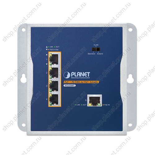 Удлинитель PoE++ промышленный, вход 1 порт RJ45 10/100/1000 Мб/с, выход PoE+ 4 порта RJ45 10/100/1000 Мб/с, настенный фото 2 Удлинитель PoE++ промышленный, вход 1 порт RJ45 10/100/1000 Мб/с, выход PoE+ 4 порта RJ45 10/100/1000 Мб/с, настенный WGS-E304PT фото 2